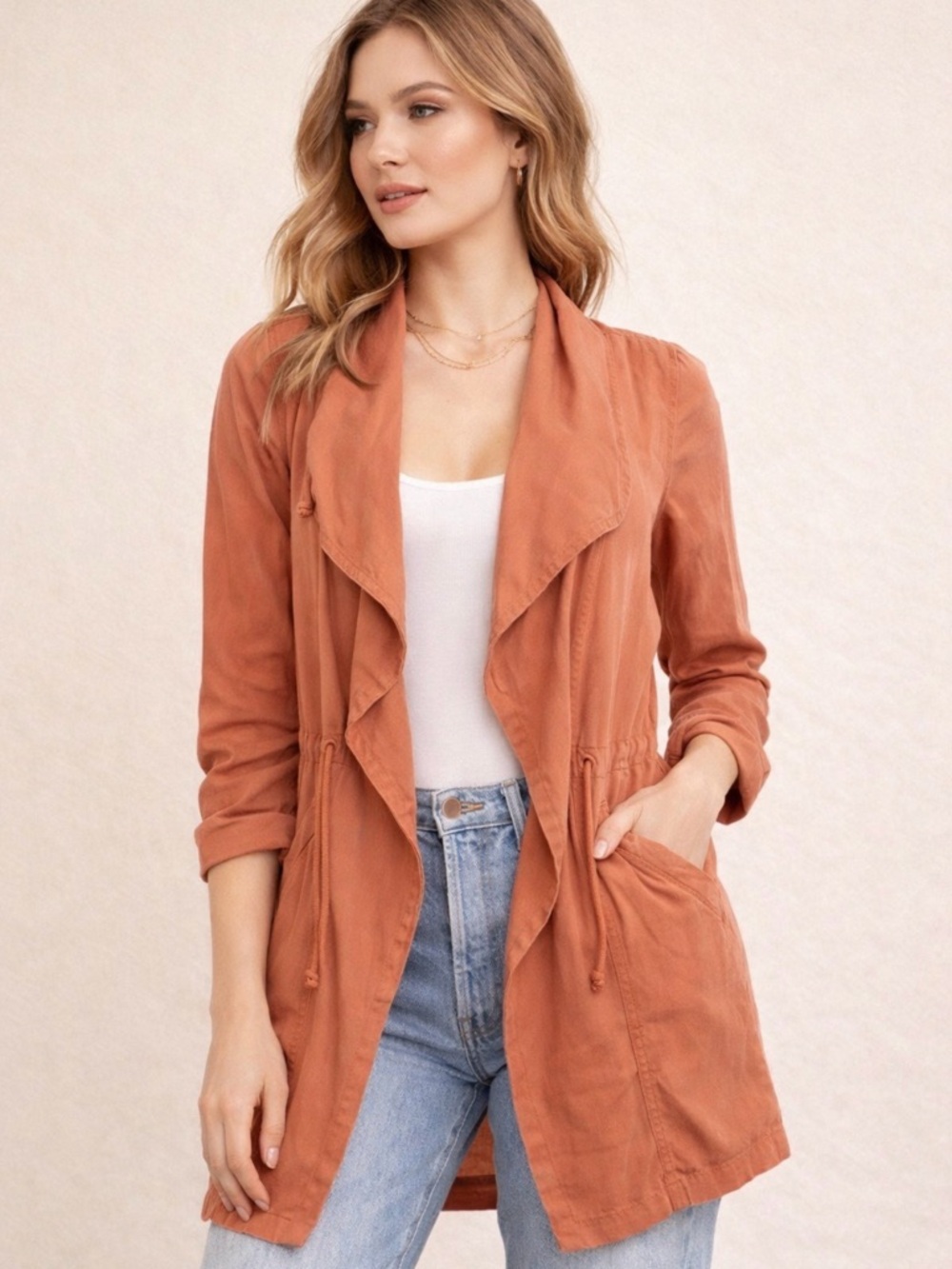 Brand New: Max Jeans Rust Drawstring Open-Front Utility Jacket